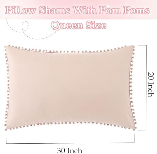 Pom Poms Pillow Shams Queen Size Set of 2, Taupe Decorative Pillowcases - Image 3