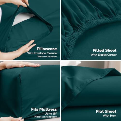 Queen Sheets Set, 4 Pieces 16" Deep Pocket Hotel Luxury Sheets, Teal Green - Image 3