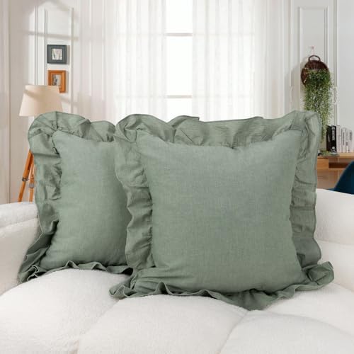 JoraLion Ruffled Throw Pillow Cover 18x18 Solid Green by JoraLion