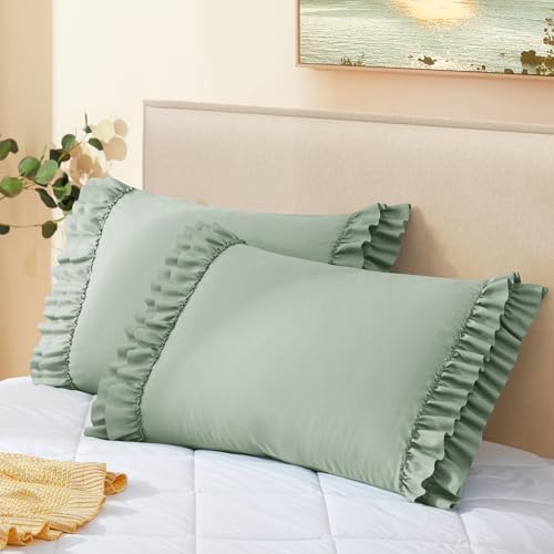 Vonty Sage Green Ruffled Pillow Cases Set of 2, Body Size, 20x54 Inch - Image 7