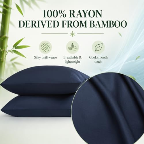 Pillow Cases Set, 100% Rayon from Bamboo, Queen 20"x30" Navy - Image 3