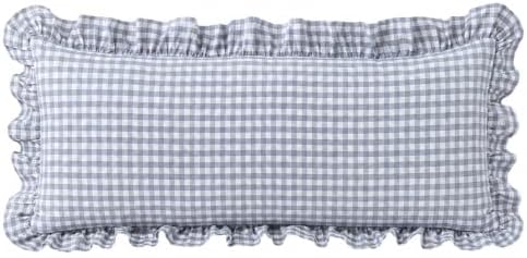 Gingham Lumbar Pillow Cover 36x14, Dusty Blue, Ruffle Trim, 1 Pack by Jilboo