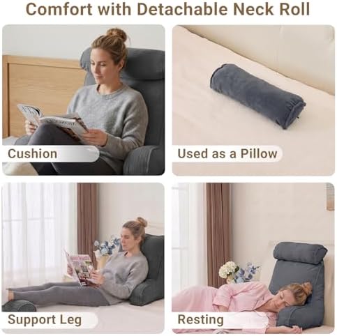 Reading Pillow for Bed with Detachable Neck Roll and Shredded Memory Foam - Image 7