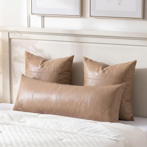 Fancy Homi Tan Long Lumbar Waterproof Faux Leather Body Decorative Throw Pillow - Image 2