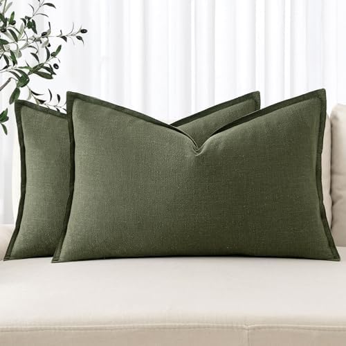 MIULEE Decorative Linen Lumbar Pillow Covers 12x20 Inch Dark Olive Green by MIULEE