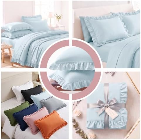 Set of 2 Brushed Microfiber Ruffle Pillow Cases Queen Size Baby Blue - Image 4