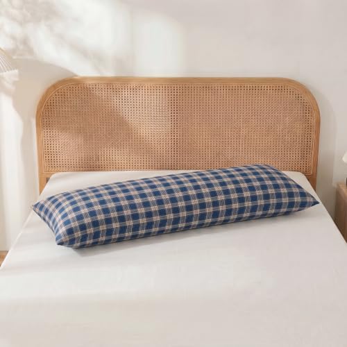 Merryword 100% Cotton Body Pillow Cover, 20 x 54, Washed Cotton Deep Blue Plaid - Image 3