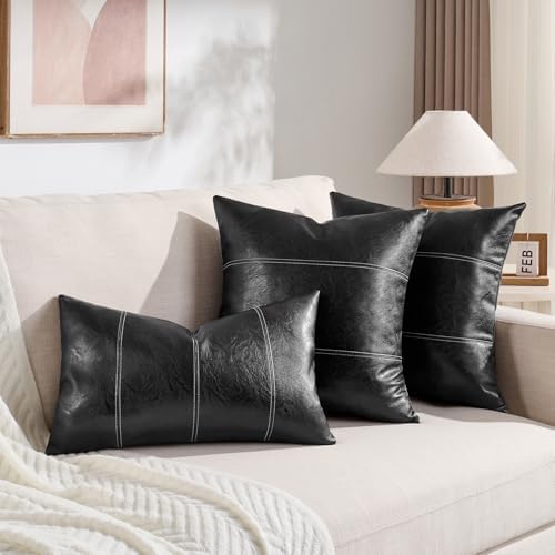 Fancy Homi Black Boho Faux Leather Decorative Throw Pillow Covers 20x20 Inch - Image 6