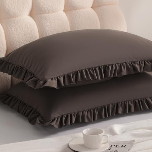 Ruffled Queen Pillow Shams, 2 Pack, 20x30 Inches, Dark Brown by Aerlomi