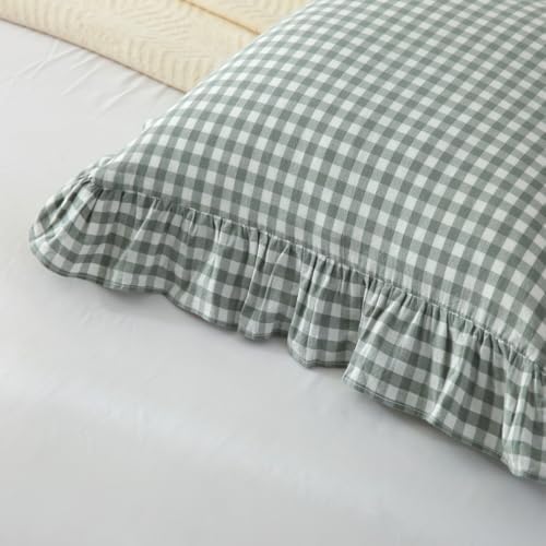 Mywinlle Dusty Green Gingham Plaid Ruffle Throw Pillow Covers 18"x18" - Image 4