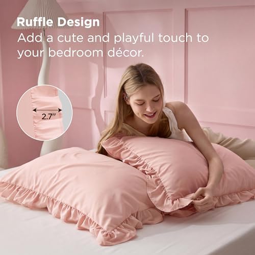 Bedsure Ruffle Pillow Cases Standard Size Set of 2, Blush Pink Pillow Shams - Image 3