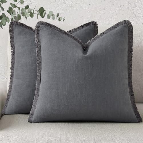 decorUhome Linen Fringe Dark Grey Throw Pillow Covers 18x18 Set of 2 by decorUhome