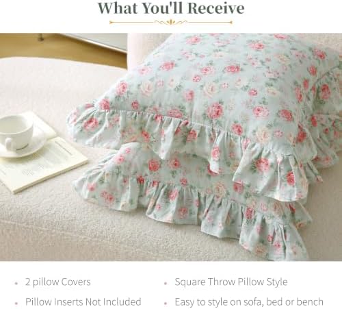 Floral Throw Pillow Covers 18x18, Mint Green, Ruffle Trim, 2 Pack - Image 5