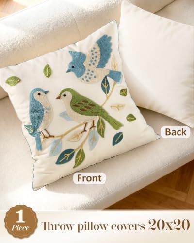 Animal Embroidered Throw Pillow Cover 20x20 Inch, Floral Birds - Image 4