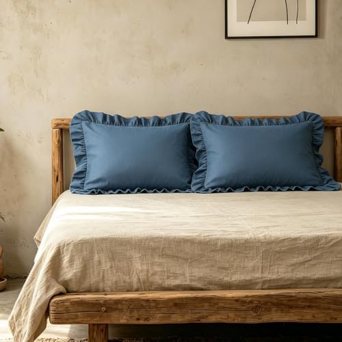 Ruffle Pillow Case Queen Size Set of 2, Slate Blue - Image 4