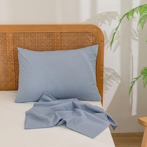 BESTOUCH Washed Cotton Pillowcases Linen Feel Cornflower Blue Queen - Image 2