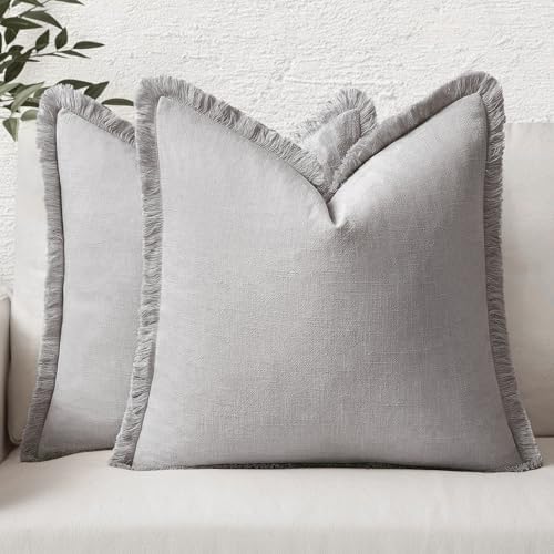MIULEE Boho Linen Fringe Decorative Throw Pillow Covers Light Grey 20x20 by MIULEE