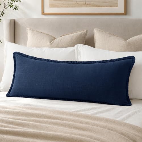 MIULEE 14x36 Long Linen Fringe Lumbar Pillow Covers Set of 1 Dark Navy by MIULEE