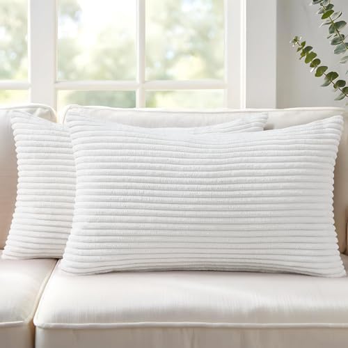 Mecatny Corduroy Decorative Throw Pillow Covers 12x20 Set of 2 White by Mecatny