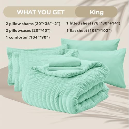 HYMOKEGE Mint Green King Size Comforter Set Seersucker 7 Pieces, All Season - Image 6