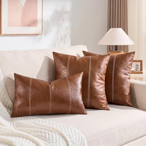 Fancy Homi Brown Boho Long Square Faux Leather Decorative Throw Pillow Covers - Image 6