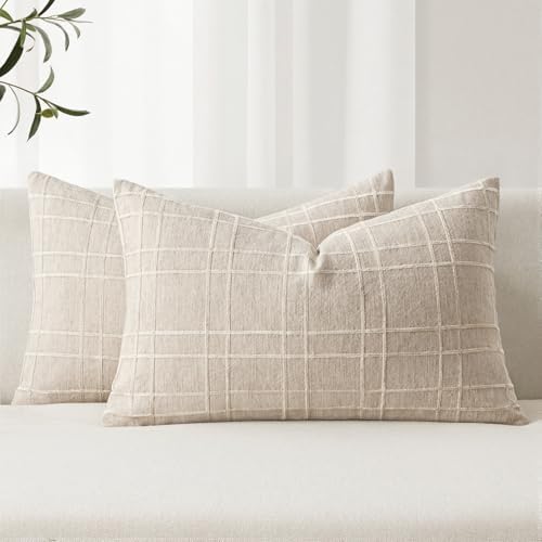 MIULEE Linen Plaid Pillow Covers Decorative Lumbar 12x20 Natural Beige by MIULEE
