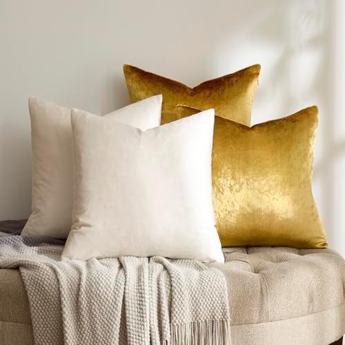 GIGIZAZA Pack of 4 Decorative Velvet Pillow Covers 20x20 Ivory Gold - Image 2