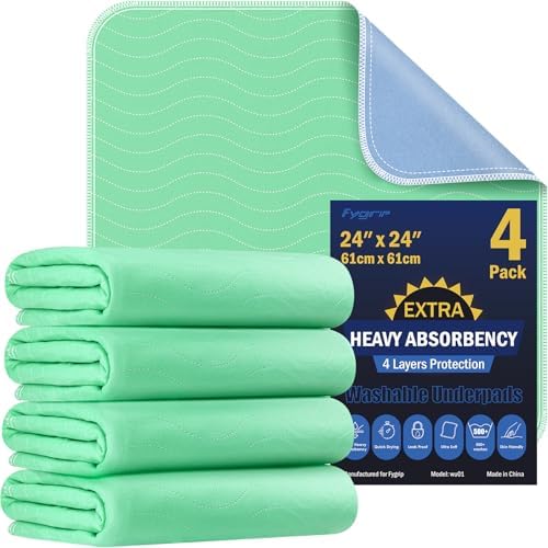 Fygrip 4 Pack 24” x 24” Extra Heavy Absorbency Washable Underpads Bed Pads by Fygrip