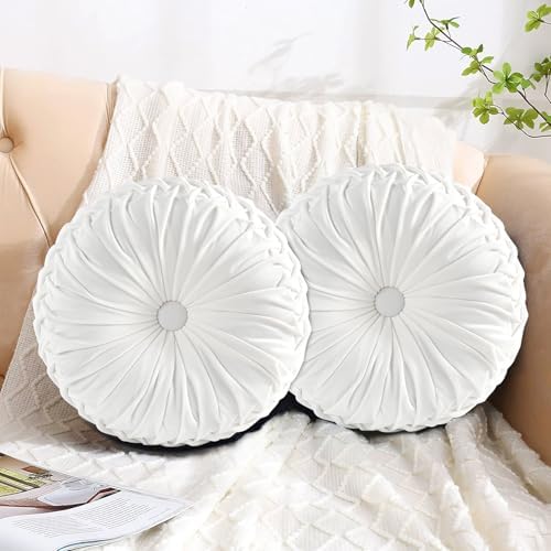 HIG Set of 2 Off White Velvet Decorative Round Pleated Throw Pillows - Image 2