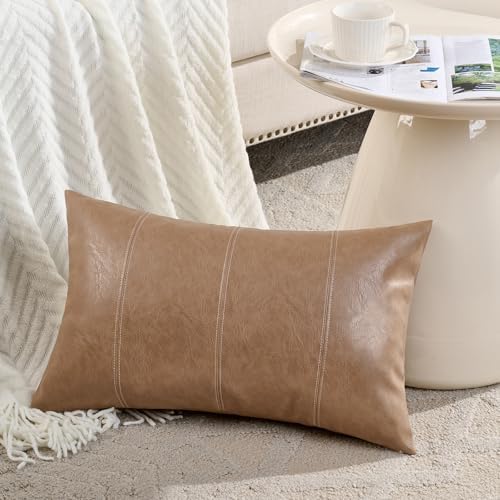 Fancy Homi Light Brown Boho Long Lumbar Faux Leather Decorative Throw Pillow by Fancy+Homi