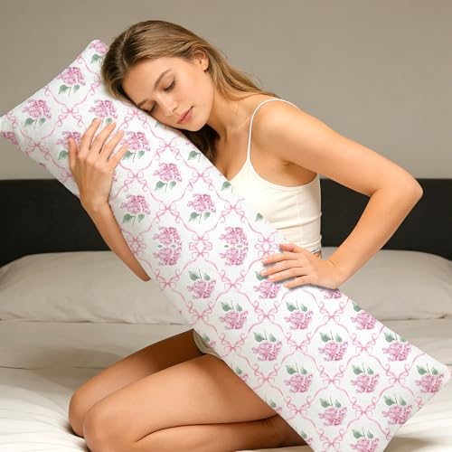 Coquette Pink Ribbon Bow Hydrangea Floral 20x54 Body Pillow Cover, Preppy - Image 5