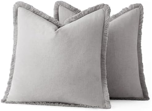 MIULEE Boho Linen Fringe Decorative Throw Pillow Covers Light Grey 18x18 - Image 6