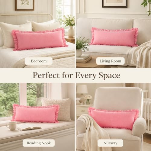 JoraLion Ruffled Lumbar Pillow Cover 14x36 Solid Pink - Image 3