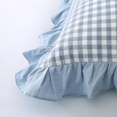Mywinlle Dusty Blue Plaid Ruffle Gingham Throw Pillow Covers 20"x20" - Image 4
