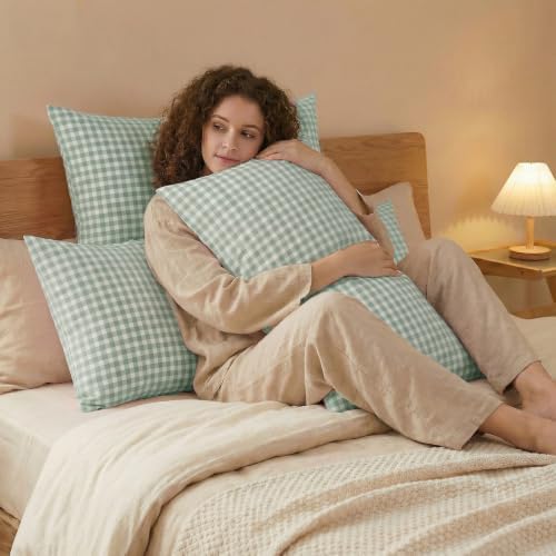 Merryword 100% Cotton Pillow Cases, Queen Size, Sage Gingham Pillowcases - Image 6