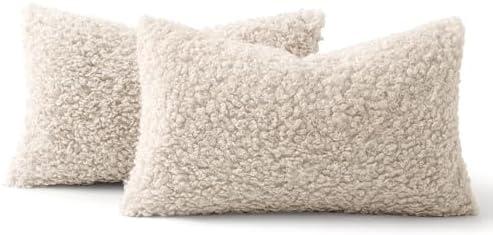 MIULEE Decorative Faux Fur Pillow Covers Lumbar Sherpa 12x20 Light Beige - Image 5