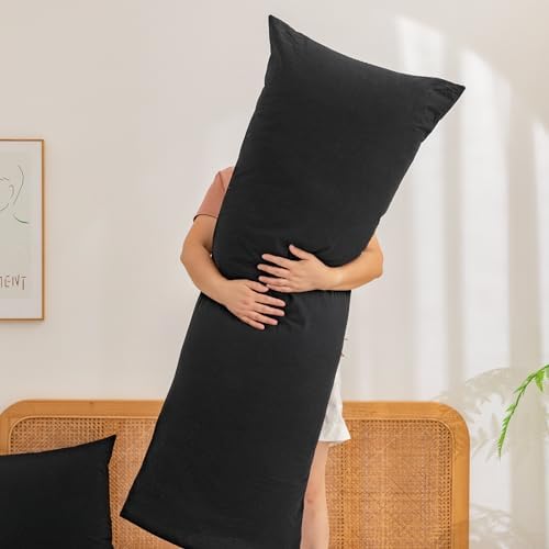BESTOUCH Washed Cotton Pillowcases Linen Feel Deep Black Body - Image 5