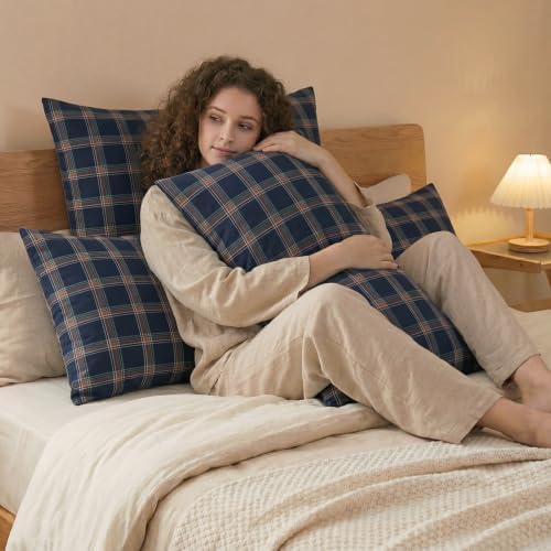 Merryword 100% Cotton Pillow Cases, King Size, Washed Cotton Deep Navy Plaid - Image 6