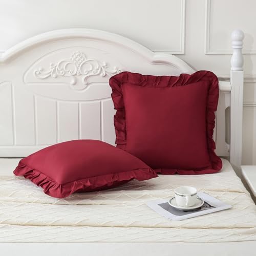 Merryword Burgundy Pillowcases 18x18 Cute Throw Pillow Covers Pack of 2 Ruffle - Image 4