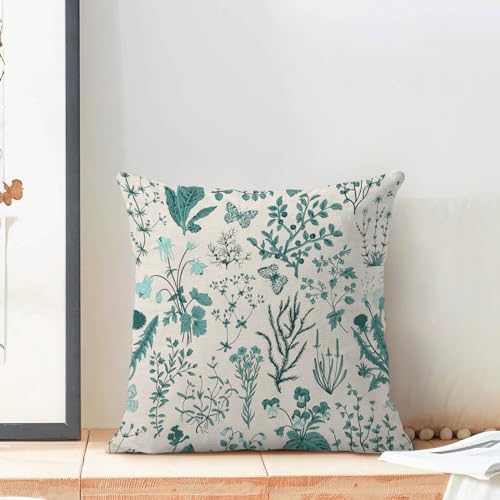 AEIOAE Summer Pillow Covers 18x18 Inch Set of 2, Teal Green Wild Flower Plant - Image 3