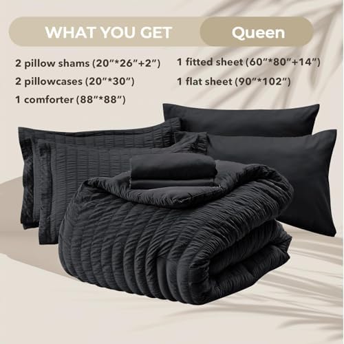 HYMOKEGE Black Queen Comforter Set Seersucker 7 Pieces, All Season Luxury Bed - Image 5