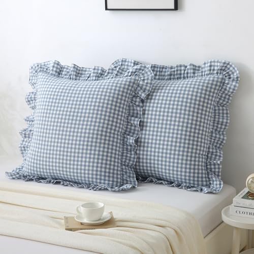Gingham Throw Pillow Covers 24x24, Dusty Blue, Ruffle Trim, 2 Pack by Jilboo