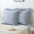 Gingham Throw Pillow Covers 24x24, Dusty Blue, Ruffle Trim, 2 Pack by Jilboo