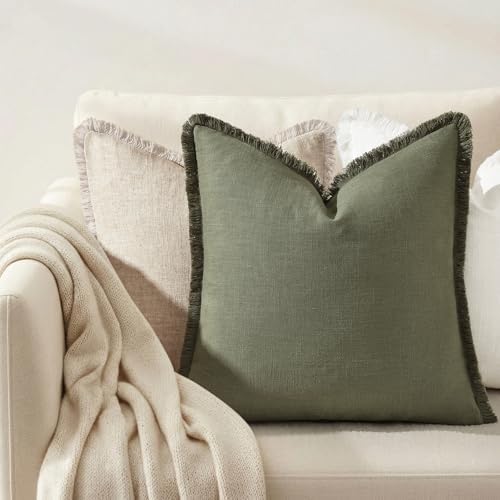 decorUhome Linen Fringe Olive Green Throw Pillow Covers 22x22 Set of 2 - Image 7