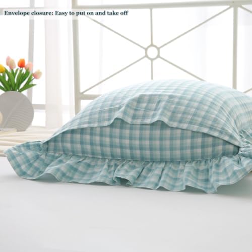 Mywinlle Dusty Blue Checkered Ruffle Bed Pillow Shams Standard Size 20"x26" - Image 4