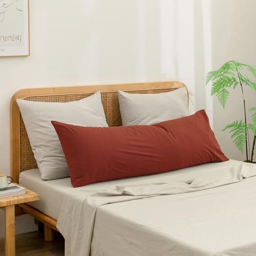 BESTOUCH Washed Cotton Pillowcases Linen Feel Burnt Brick Red Body - Image 2