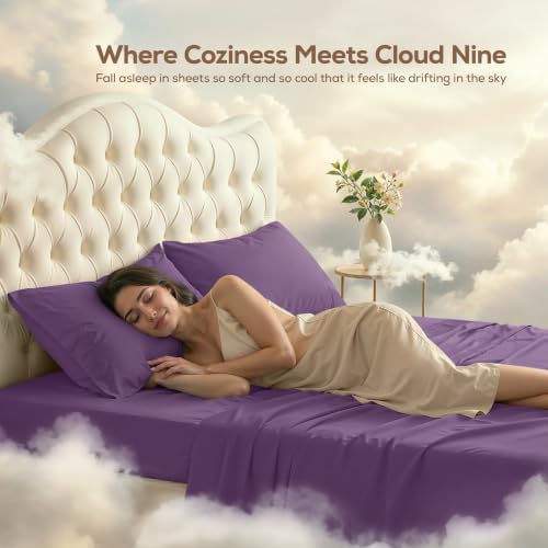 Full Sheets Set, 4 Pieces 16" Deep Pocket Hotel Luxury Bedsheets, Egg Plant - Image 4