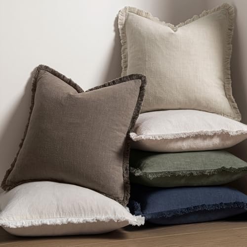 MIULEE Boho Linen Fringe Decorative Fall Throw Pillow Covers Coffee 18x18 - Image 5