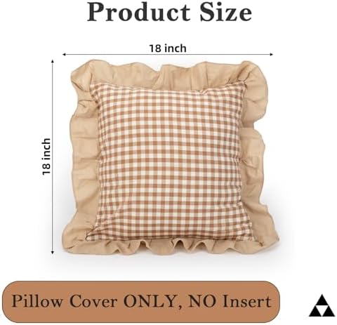 JoraLion Ruffled Throw Pillow Cover 18x18 Gingham Khaki Solid Edge - Image 3