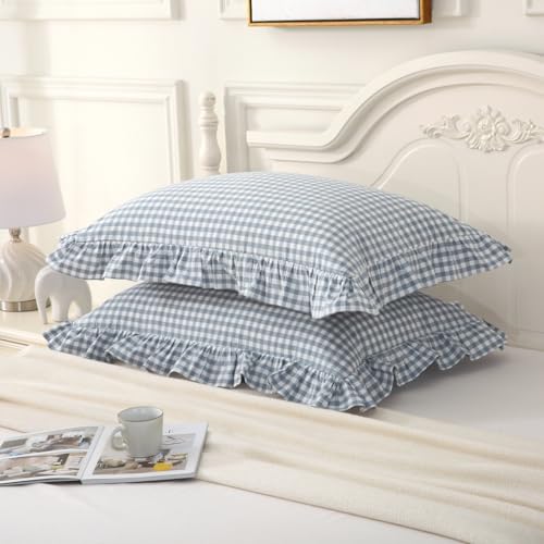 Mywinlle Blue Gingham Ruffle Pillow Covers King Size Set of 2 - Image 2
